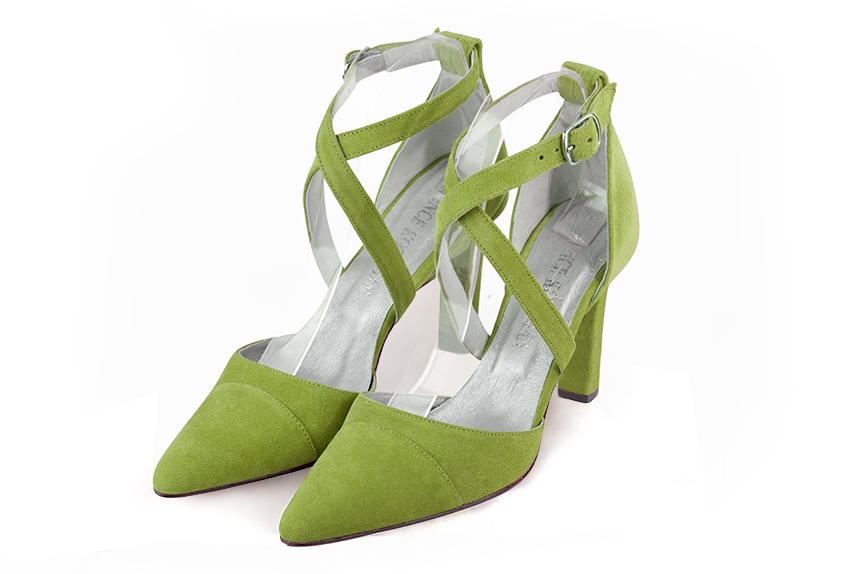 Grass green women's open side shoes, with crossed straps. Tapered toe. High slim heel. Front view - Florence KOOIJMAN